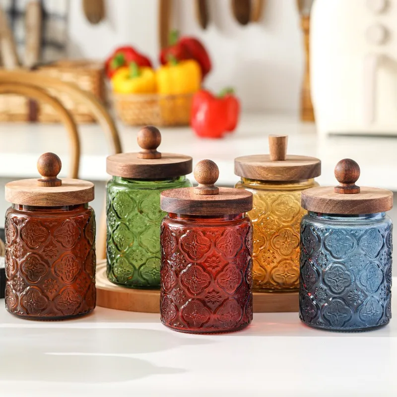 

Креативная стеклянная банка для хранения с цветком бегонии и деревянной крышкой, кухонная банка для кофейных зерен, чая, листьев, контейнер для хранения еды, конфет