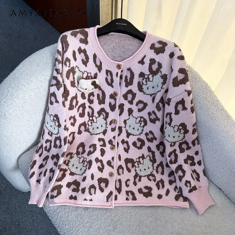 

2025 Autumn New Sweet Age-Reducing Cartoon Cardigan Knitted Sweater Women Loose Casual Style Single-Breasted O-Neck Top Pullover