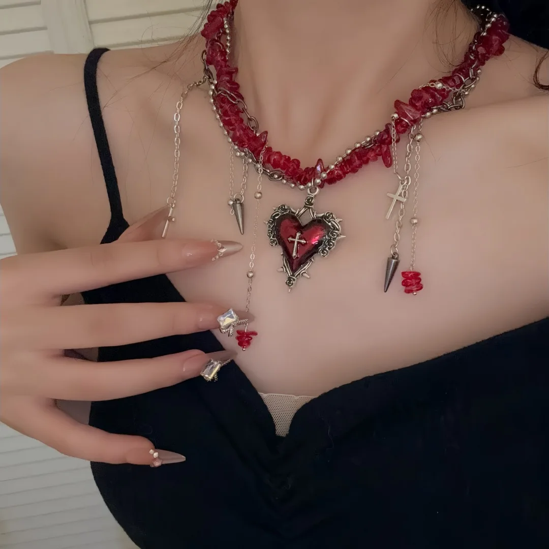 فاسق الشارع الشهير القوطية Y2K أحمر أسود مطرز سلسلة معدنية برشام القلب الصليب قلادة قلادة للنساء الرجال زوجين مجوهرات 2026 #2