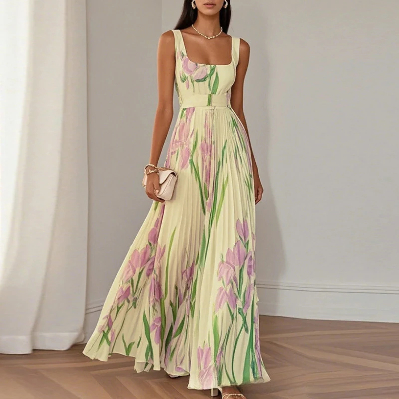 夏の花柄プリントワンピース レディース エレガント ノースリーブ セクシー ハイウエスト スリング ロングワンピース オフショルダー ビーチ ホリデーワンピース
