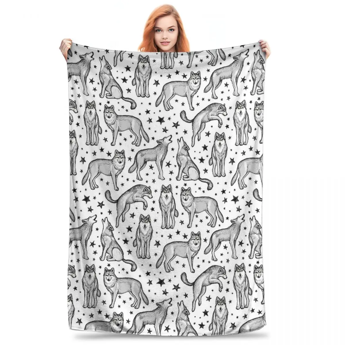 Wolves And Stars On White Blanket Fleece Portable Throw Blankets Sofa Throw Blanket For Home Bedroom Travel Throws Bedspread