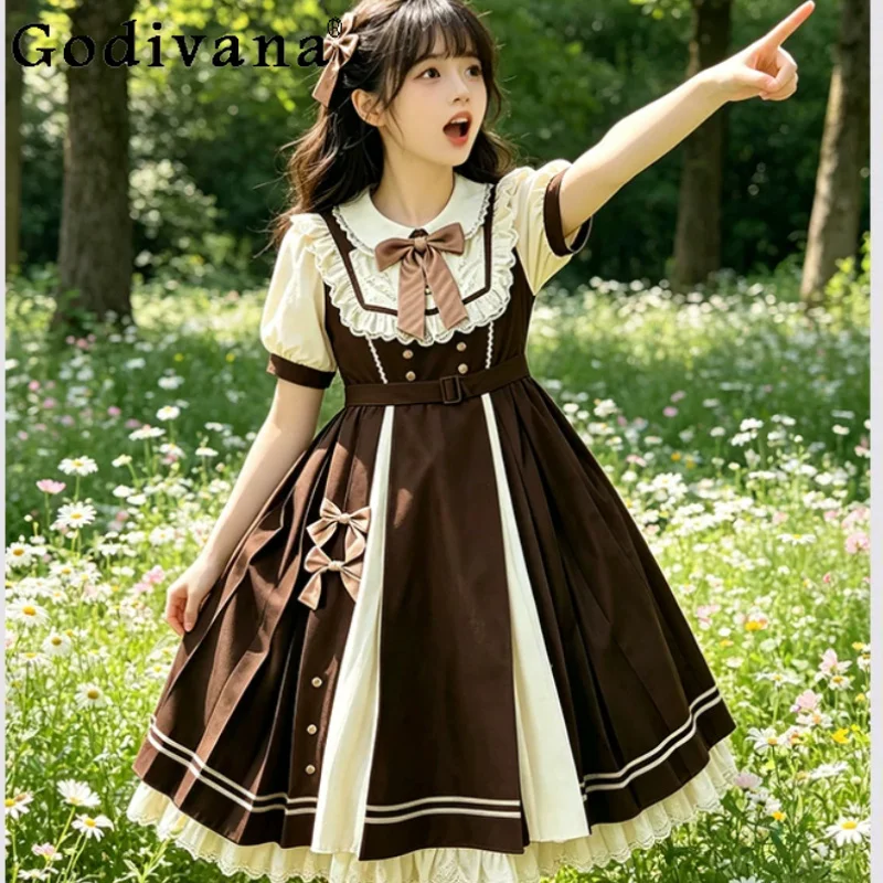 

Summer New Lolita Cute Fashion Plus Size Peter Pan Collar Short Sleeve Dress Sweet High Waist A-line Age Reducing Lace Dresses