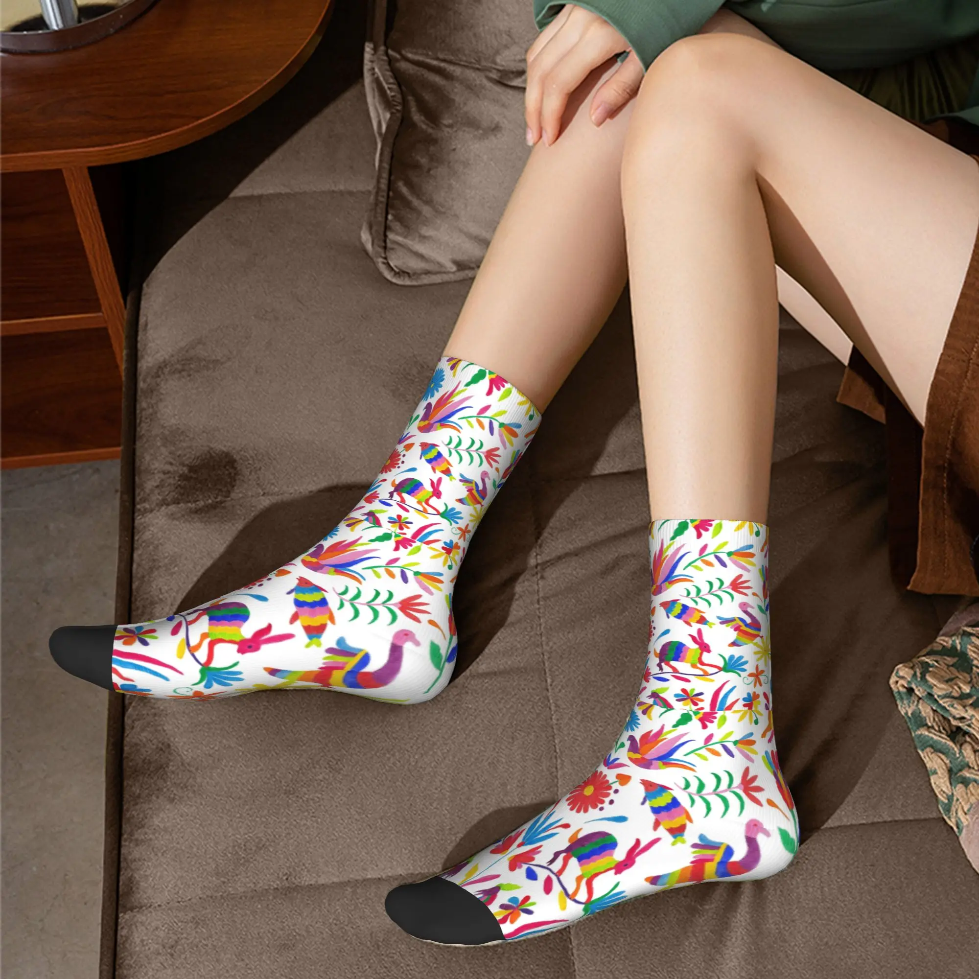 Custom Otomi Folk Mexican Art Men Women Crew Socks Unisex Cool Floral Birds Pattern Spring Summer Autumn Winter Dress Socks view 6