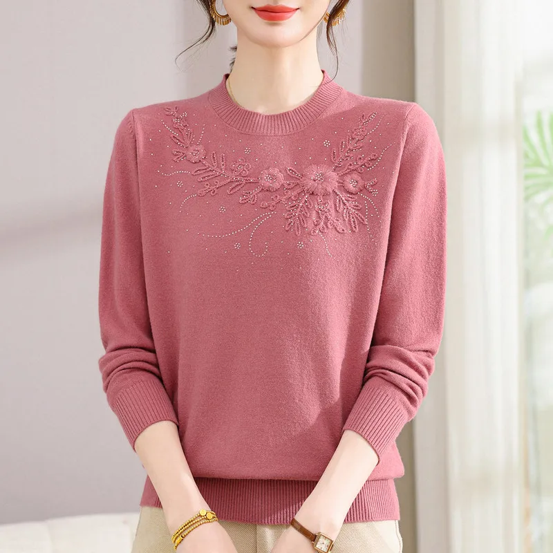 Women Mom Half Turtleneck Knit Sweater Floral Embroidery Rhinestone Decor Middle Aged Ladies Warm Top