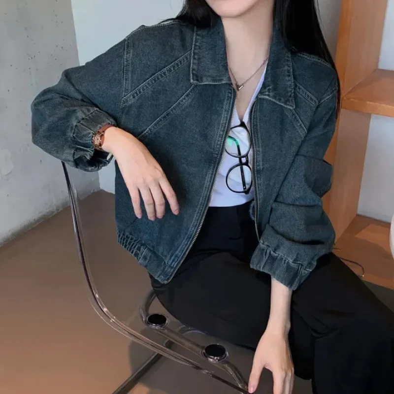 

Гонконгский уличный стиль, швейная нить на молнии, женская простая модная весенняя свободная джинсовая короткая куртка с отложным воротником