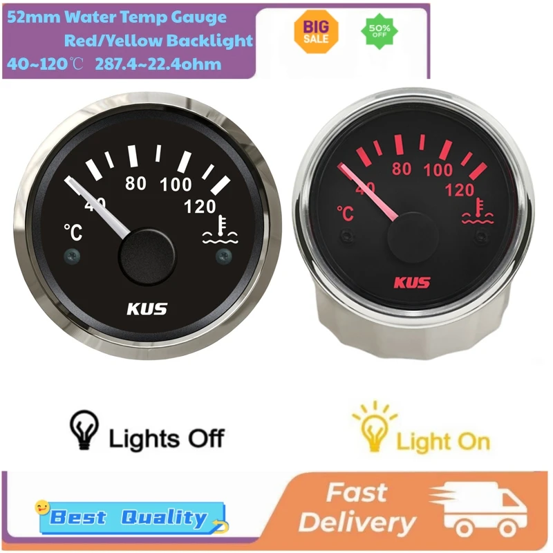 

KUS 40-120℃ Display Water Temp Gauges 52mm 287.4-22.4 Input Signal White Water Temperature Meters Red Backlight for Car Boat