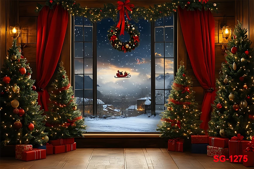 사진 배경 창 밤 크리스마스 소나무 장식, 가족 휴일 파티, 겨울 별 배경, 사진 스튜디오
