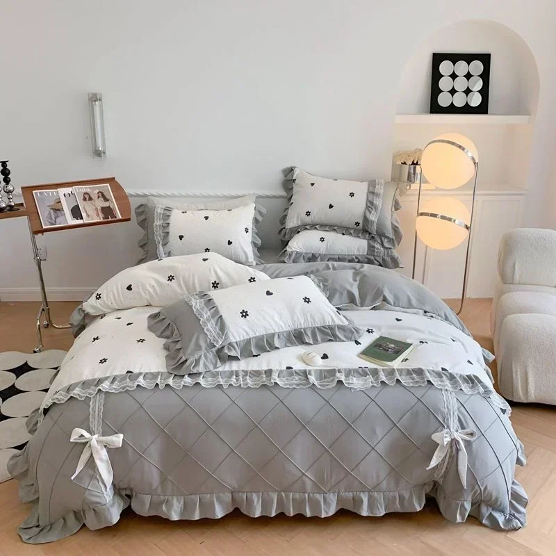 

Ruffle Bedding Set Korean Princess Bow Lace Duvet Cover Vintage Floral Printing Bedspread For Girls Romantic Decor Home