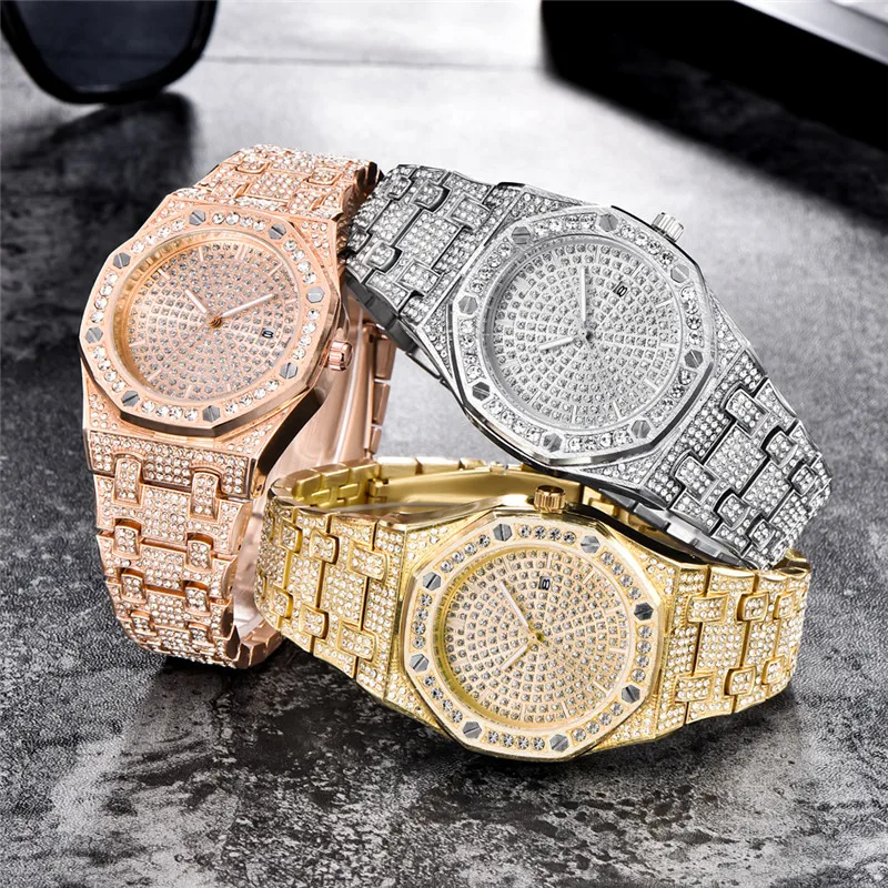 Cool Diamond Brand Watches For Men Montre Fashion Alloy Band Hip Hop Golden Gifts Date Quartz Clock Relogio Masculino Ouro 2023