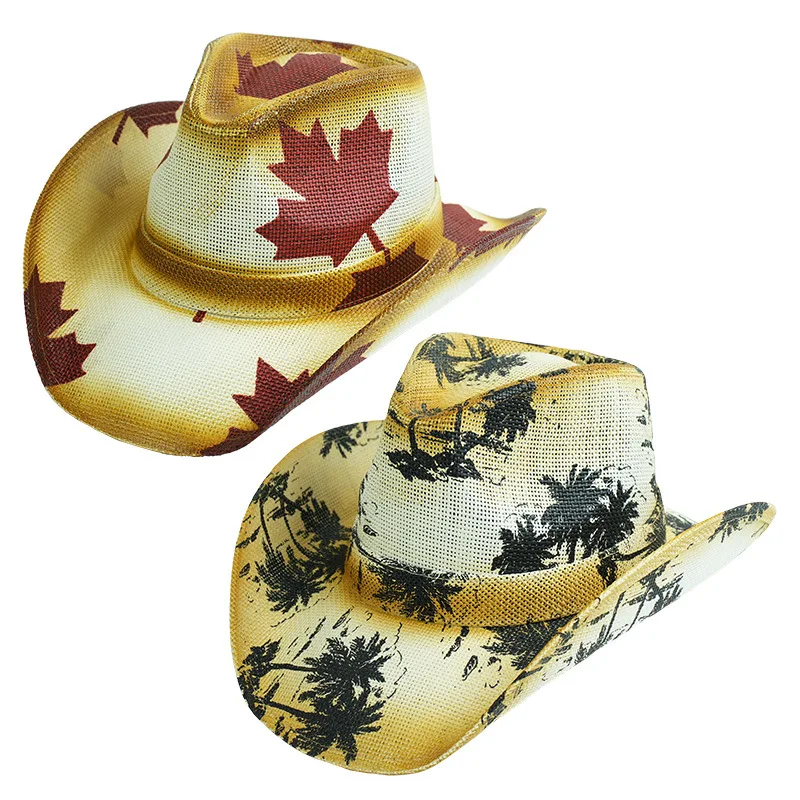 Ethnic Style Maple Leaf Coconut Tree Printed Grass Weaving Cowboy Caps Men's And Women's Vacation Tourism Sun Shading Jazz Hats