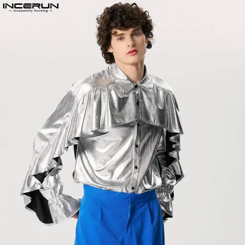 INCERUN 2024 Men Shirt Sparkling Patchwork Ruffle Lapel Long Sleeve Streetwear Men Clothing Party Fashion Casual Camisas S-5XL