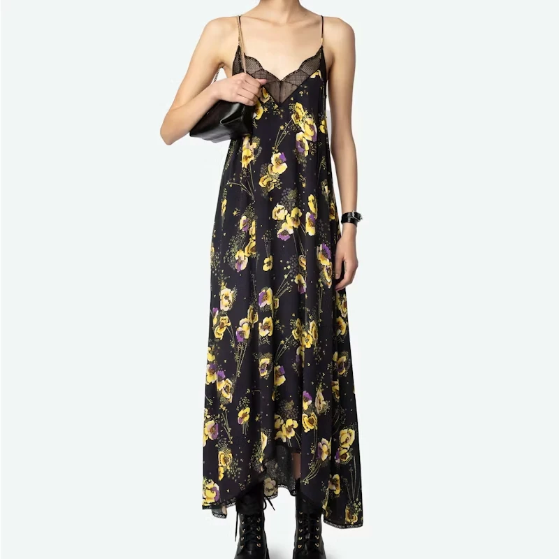 

Female V-Neck Dress Black Yellow Floral Long Dresses Casual Backless Slip Jupes Elegant Ladies Elegant Lace Robe 2025 New Robes
