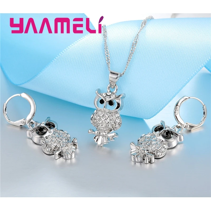 Shining Full African AAA Crystal Owl Pendant Necklace Earrings Sets Women Best Gifts 925 Sterling Silver Party Accessory