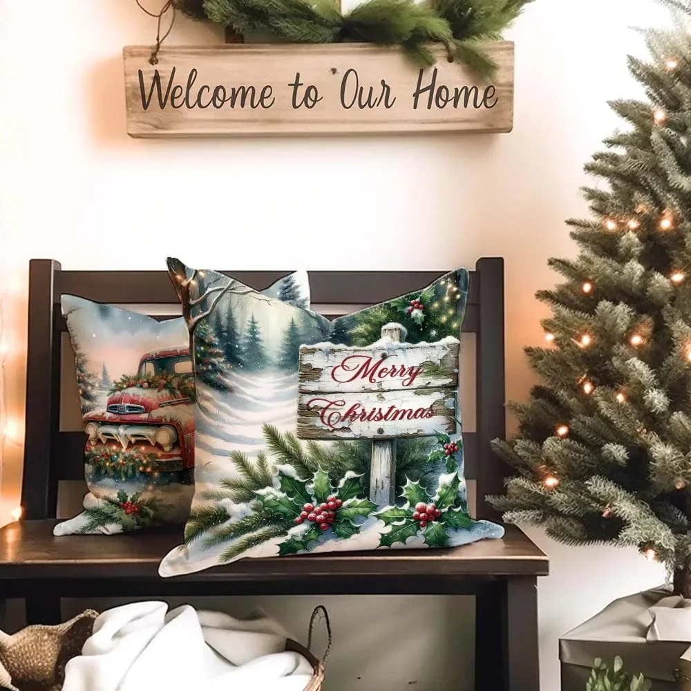 1pc/4pcs Silver Christmas Pillowcase Silver Snow Day Truck Christmas Tree Cushion Cover Winter Vintage Oil Painting Pillowcase