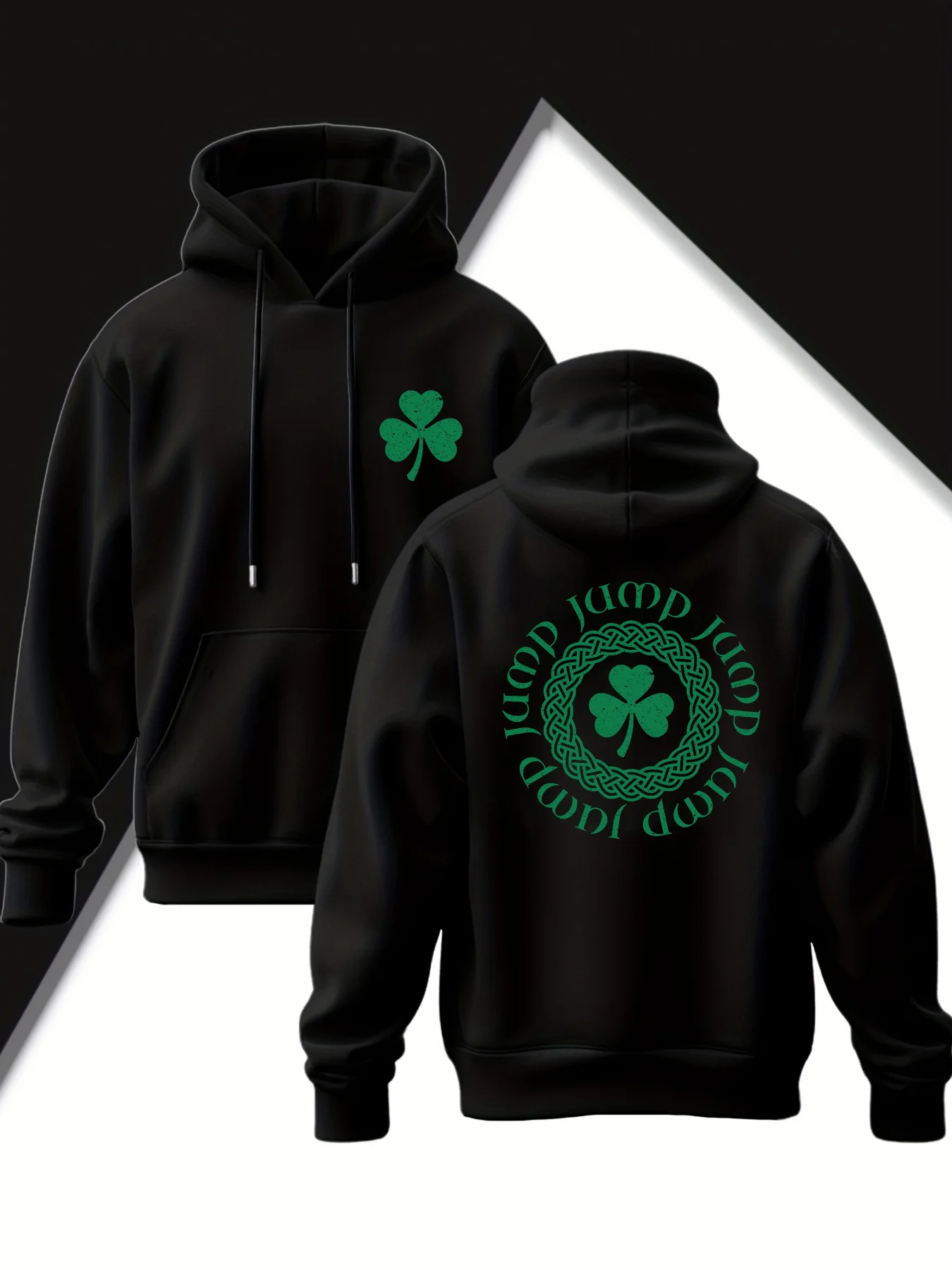 Traditional Folk Revival Men's Loose Hooded Shirt with Lucky Clover Celtic Ring Creative Front and Back Printed Pullover Sweater