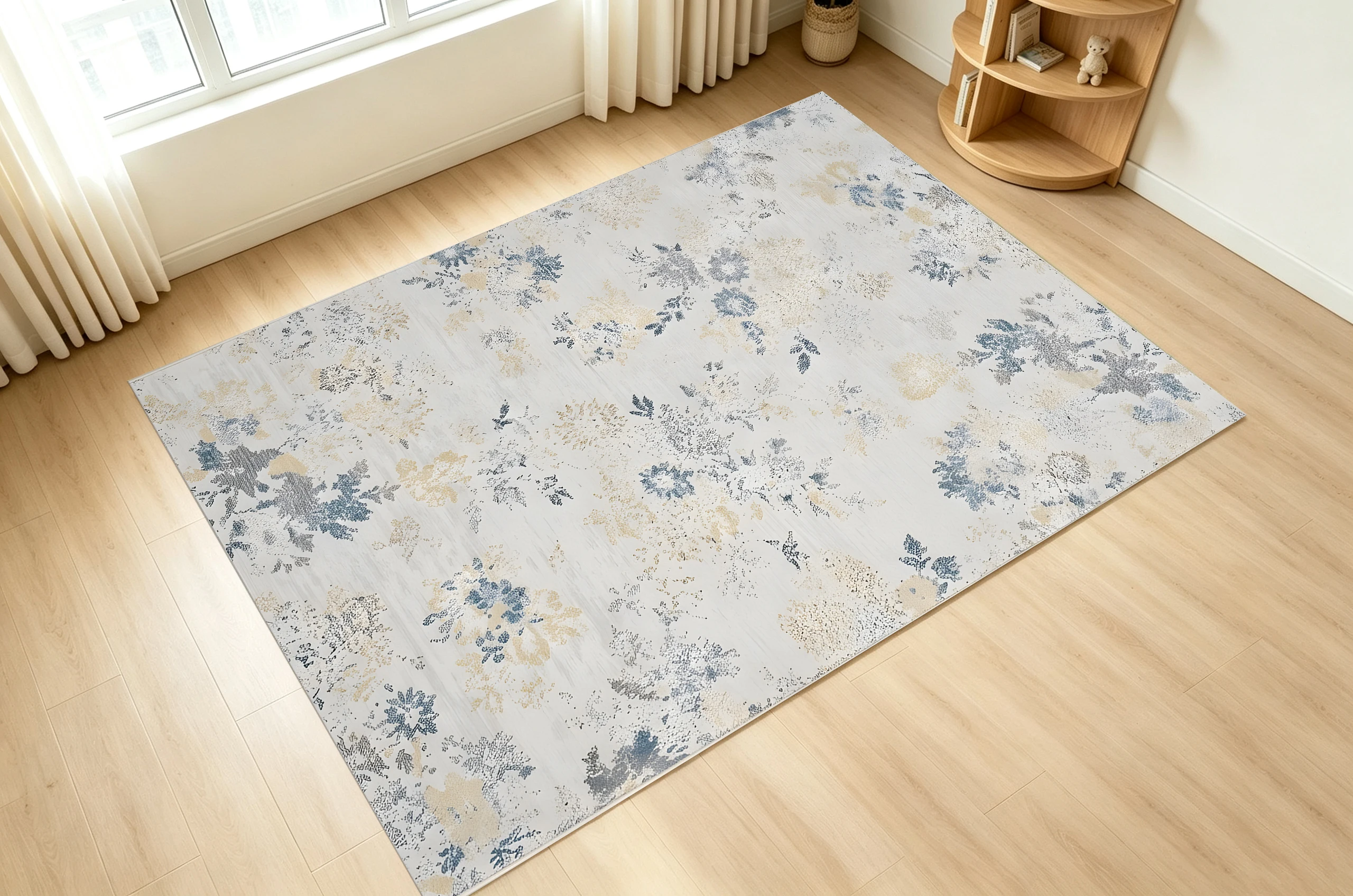 Light-Tone Blue Yellow Floral Area Rug, Soft Blurred Flower Texture, Cozy Autumn Winter Mat for Entryway Living Room Home Decor