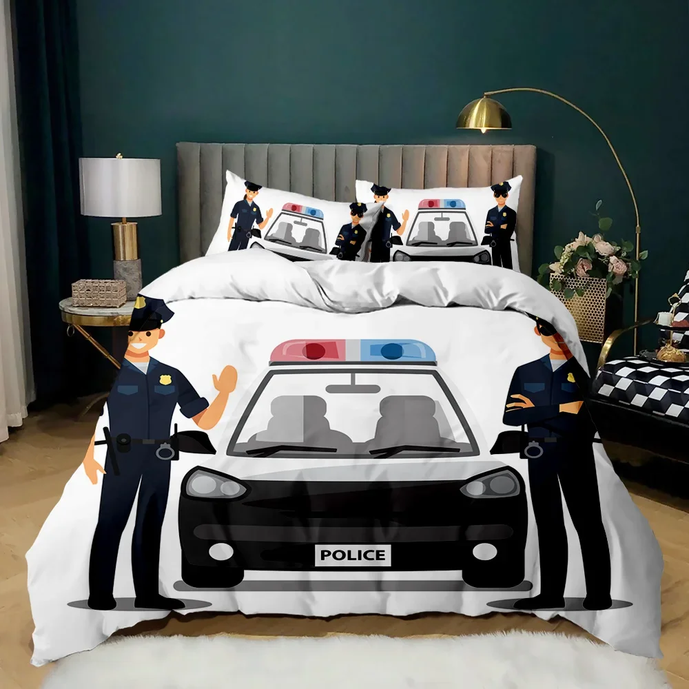 Police Car Duvet Cover Black Policeman Car Twin Bedding Set Cartoon Vehicle Comforter Cover Red Cop Lights Polyester Quilt Cover