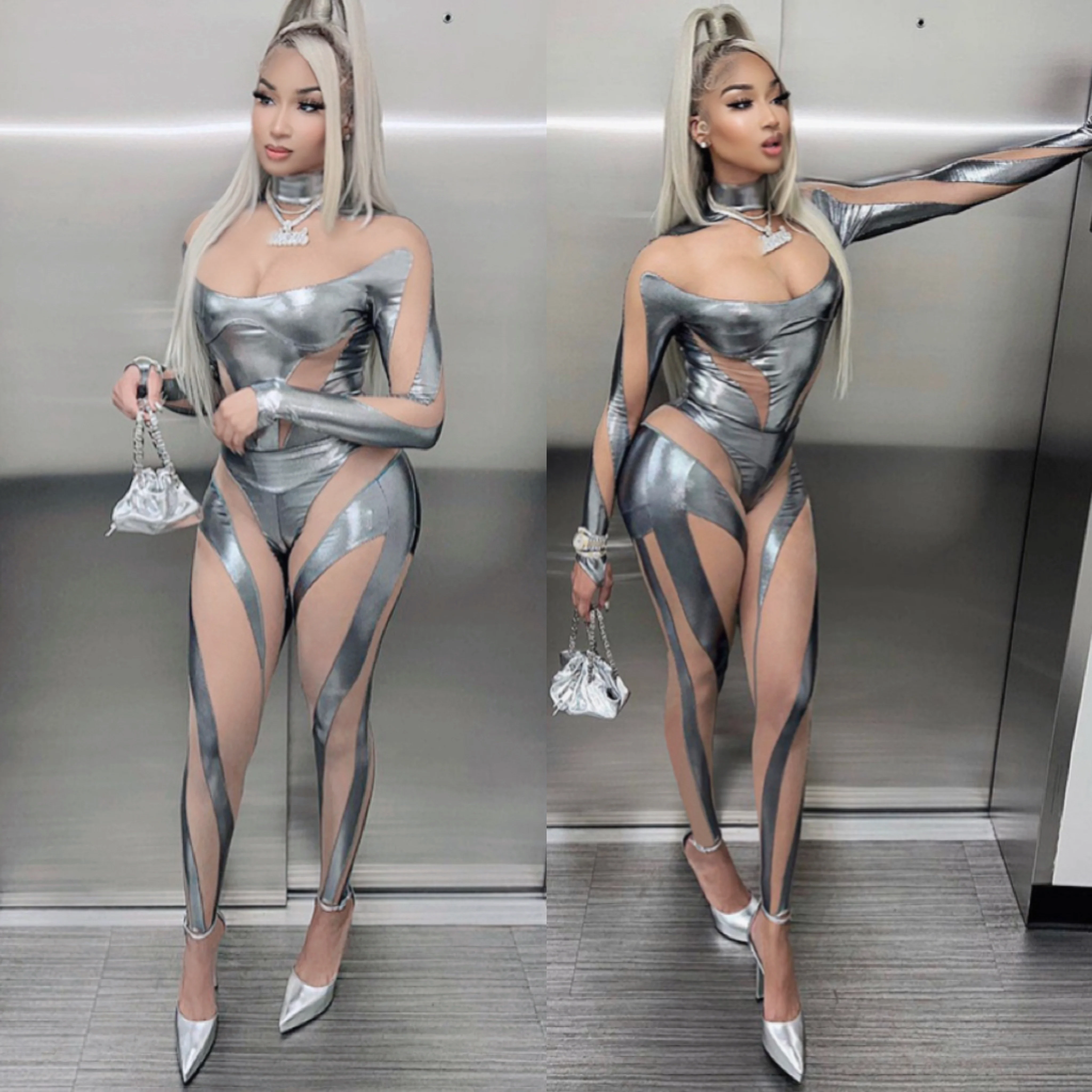 Sexy Mesh Stitching Laser Bodysuit Pole Dance Costume Singer Dancer Stage Wear Party Rave Outfit Drag Queen Clothes VDB6742