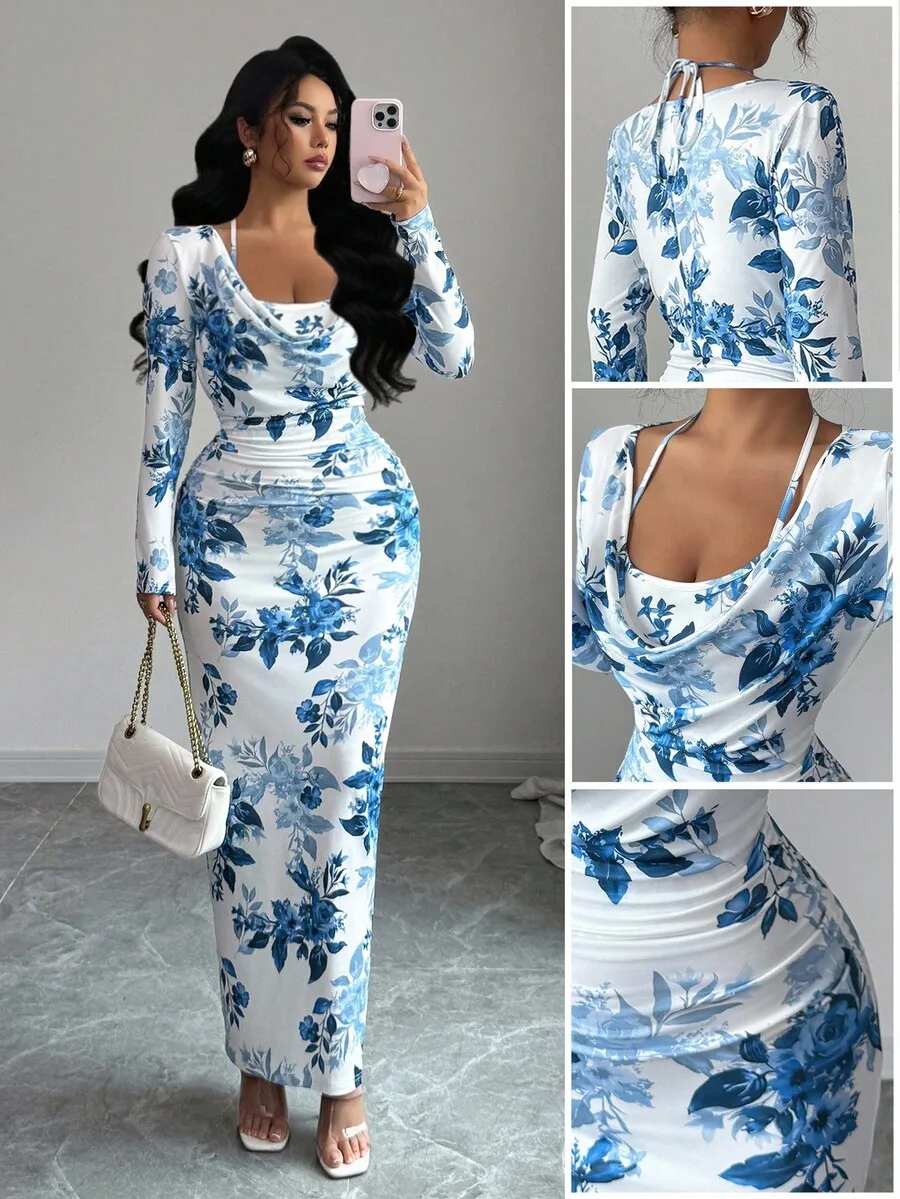 

Blue Floral Print Draped Cowl Neck Long Sleeve Bodycon Midi Dress