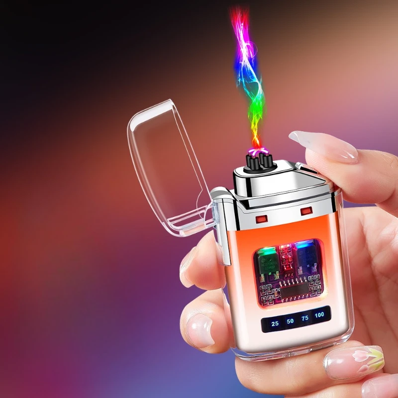 

2025 Электронная импульсная зажигалка с прозрачным корпусом, перезаряжаемая дуговая зажигалка, прикуриватель с двойной дугой, светодиодный дисплей, уровень заряда батареи