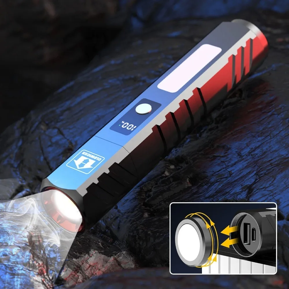 Portable Rechargeable LED Flashlights with Display Screen Zoom Pocket Tactical Torch Lamp Outdoor Camping Emergency Side Light