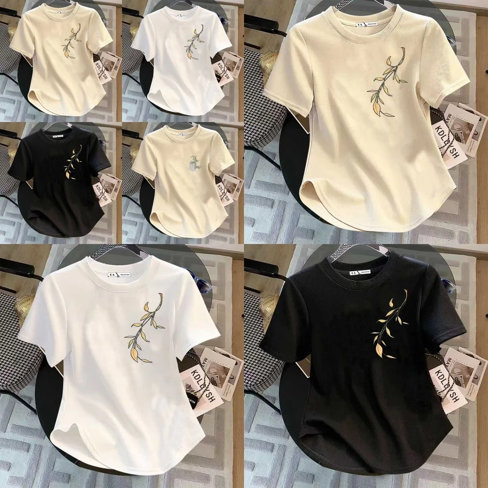 

Женская хлопковая летняя футболка с коротким рукавом 100, свободная футболка с изогнутым принтом и v-образным вырезом, модный топ большого размера для женщин