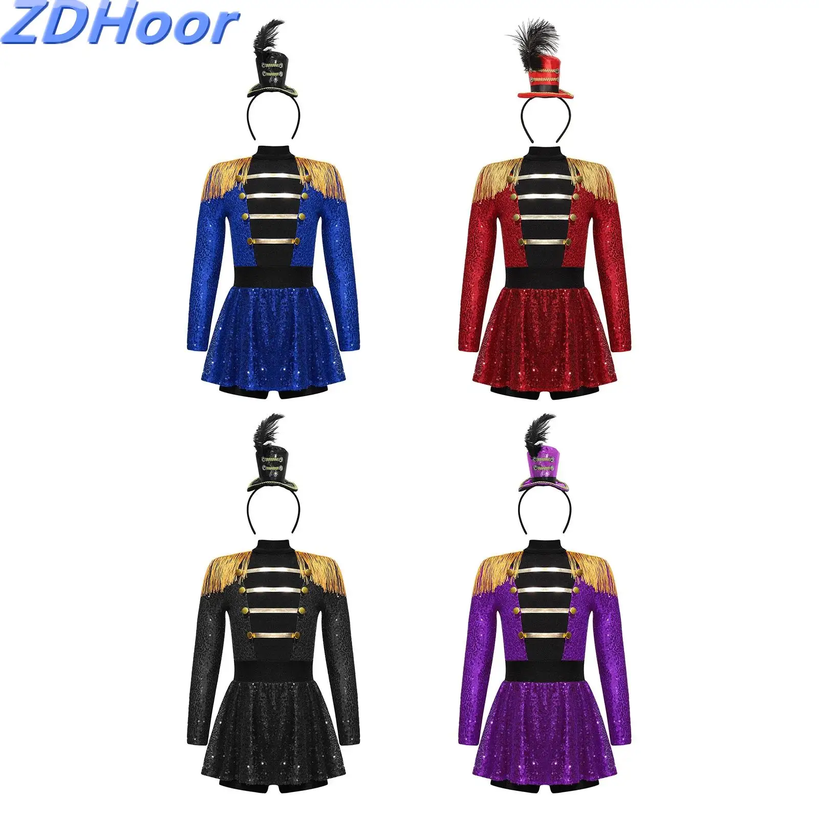 

Kids Girls Ringmaster Circus Cosplay Costume Set Tassel Epaulet Sequins Jumpsuit with Top Hat Headwear
