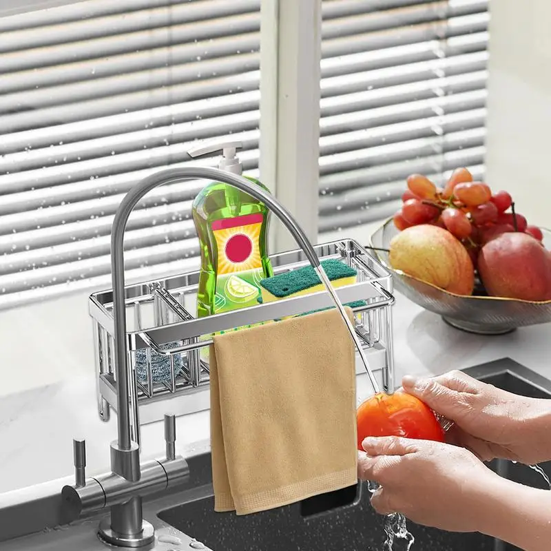 

Sink Drying Rack Stainless Steel Dish Sponge Organizer Rack Rustproof Sink Brush Holder With Removable Drain Tray Auto Drainage