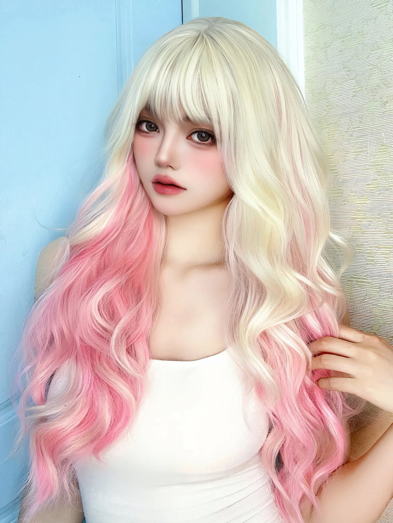 Wig female synthetic medium-long hair simulation lady big wave lolita highlighted long curly hair round face fake set natural