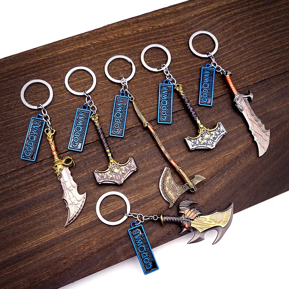 Game God of War 5 Ragnarok Keychain Weapons Hammer Mjolnir Levitan's Axe Key Chain Men Keyring Blades of Exile Chaos Accessories