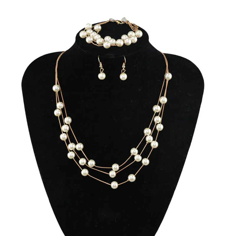 Fashion Multilayer Pearl Necklace Earrings Bracelet Jewelry Set Wedding Bridal