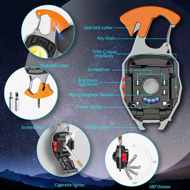 COB Keychain Work Light Flashlights, 7 Lighting Modes, Rechargeable Multi-Function Lights Seat Belt Cutter, Screwdriver, Whistle - Image 3