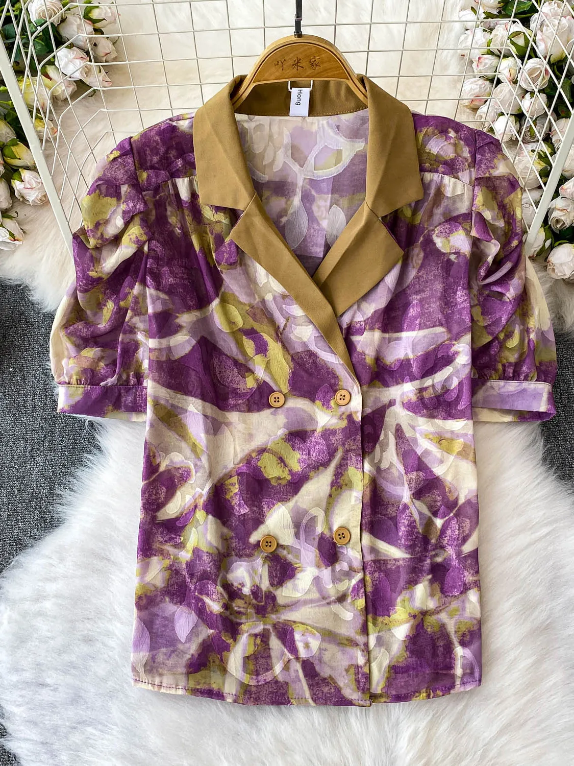 

Slim Fit Printed irt Women's Double Button Bubble Sve Suit Collar Casual Korean Sle Summer UV Protection ort Sve
