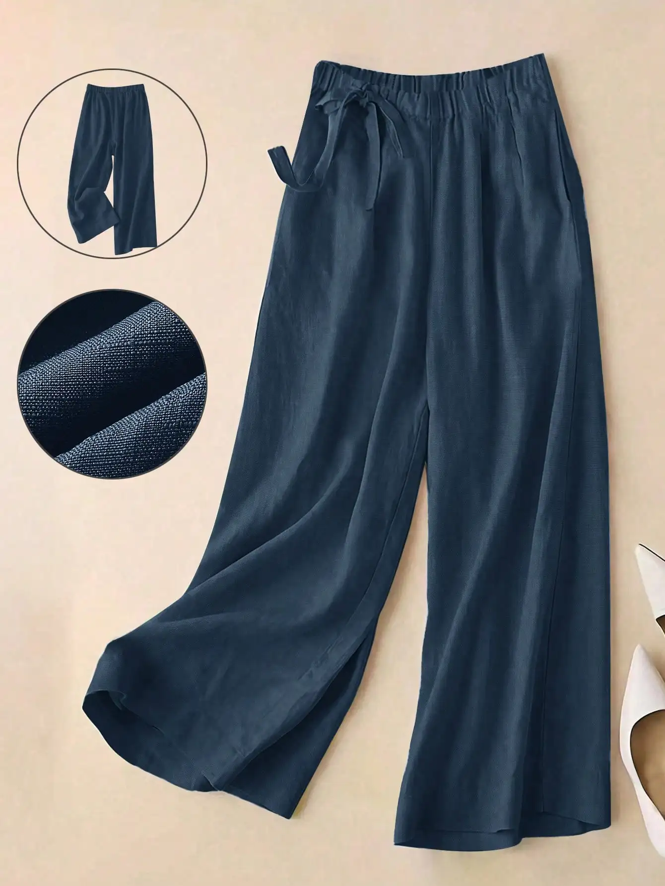 2026 New Fashion Women's Solid Color High Waist Cropped Wide Leg Pants Elastic Drawstring Loose Woven Capri Trousers With Pocket