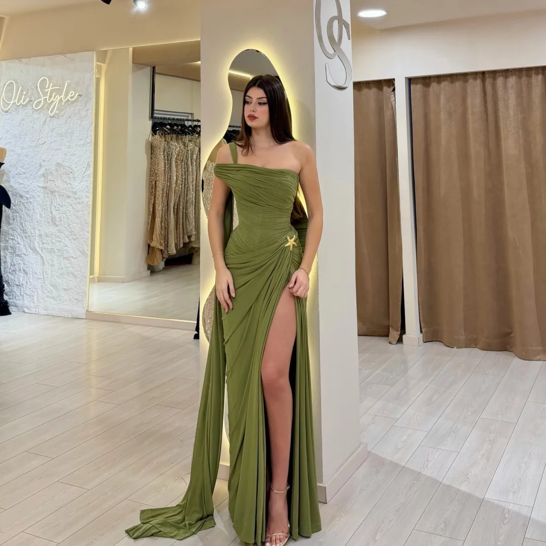 Amanda Customized Olive Green One-Shoulder Prom Dress Ruched Fabric Star Decor High Slit vestidos de noche Draped Train Formal image 4