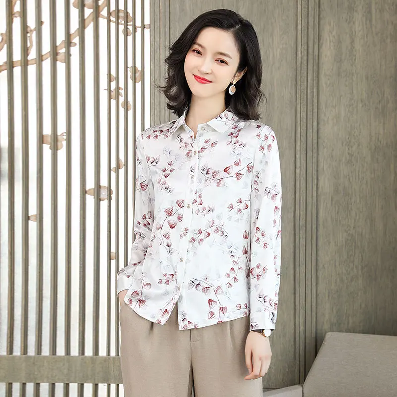 Birdtree 90%Real Silk Elegant Shirt Women's 2023 Autumn Thin Office Lady Top Loose  Printed Long Sleeve Casual Blouse T30676QC