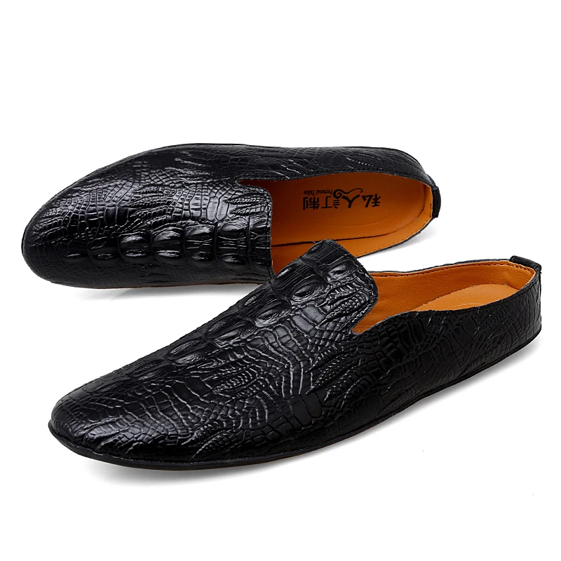 Fashion Crocodile Pattern Men Half Loafers Leather Slippers Comfort Loafer Slides Breathable Mules Man Outdoor Lightweight Shoes