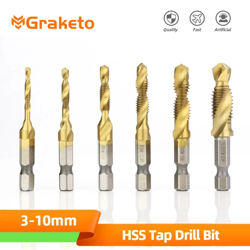 Hss Titanium Plated Tap Drill Bit  Countersink Deburr Set High Speed Compound Screw Thread Bits  Hand Tools  6pcs M3-M10