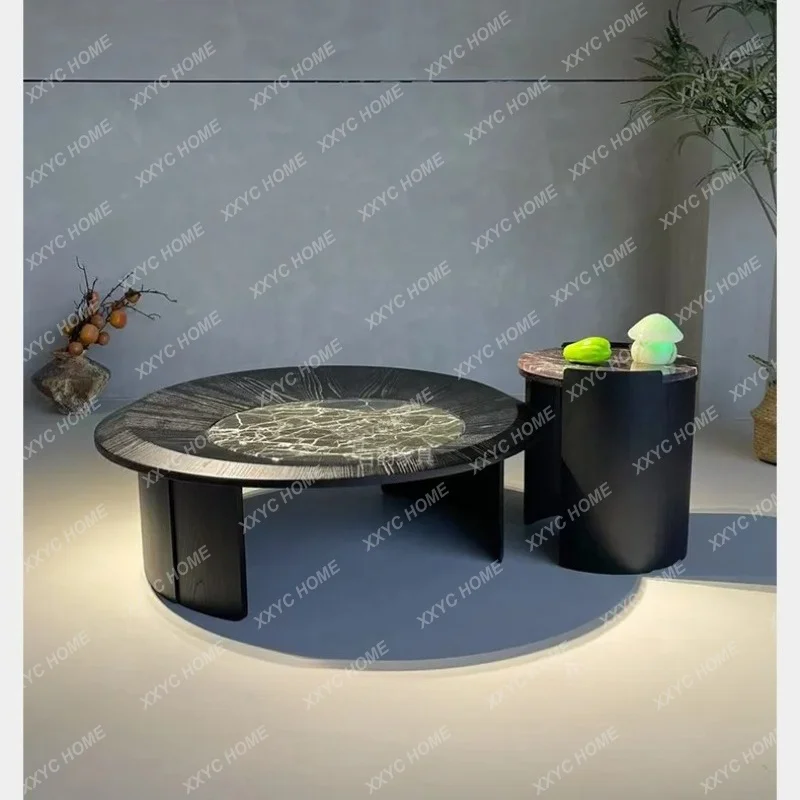 

L Style Large and Small Combination Household Marble Green Round Coffee Table Minimalist Black