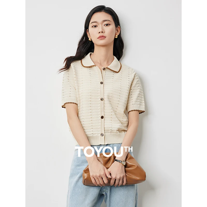 TOYOUTH Women Ice Cool Silk Knitwear 2024 Summer New Doll Neck Top