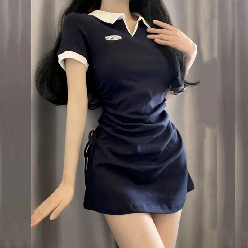 Drawstring Women\'s Dress 2023 Y2K One Pieces Korea Student Short Sleeve Mini Hip Wrap Skirt Slim Female Polo Dress Pleated Sexy