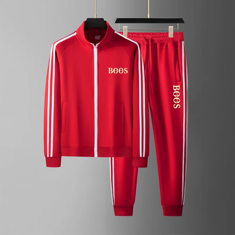 MenTracksuit Print Zipper Stand‑up Collar Jacket + Jogger Pants 2 Piece Set Men Casual Sports Suit Stripe Sleeve Male Sportswear