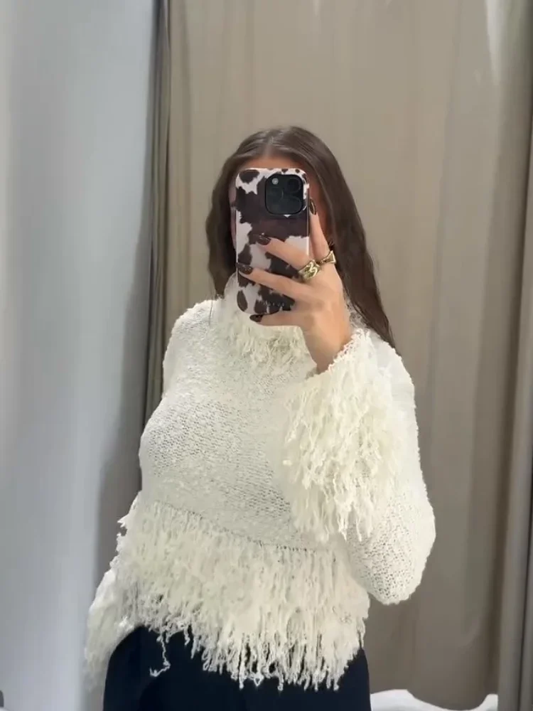 Chic Tassel Patchwork Knitted Sweater Women's Long Sleeve Round Collar Tops 2025 Autumn Winter New Y2K Lady Streetwear