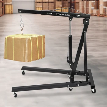 รอกเครื่องยนต์แบบพับได้ 2 ตัน ลิฟท์รอกเครน เหล็กกล้าคาร์บอนสําหรับงานหนักพร้อมล้อเลื่อนเหล็ก 6 ล้อ (สีดํา)