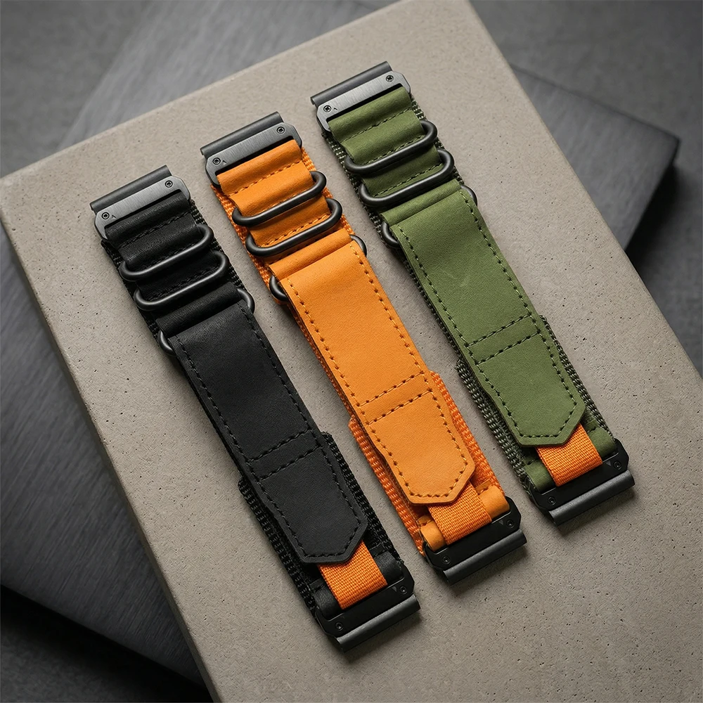 Robustes Hybrid-Leder-Nylon-Uhrenarmband für Garmin Fenix 8 Pro 51mm 7X 6X/Tactix8/Quatix8/D2 Mach 2 51/Enduro/Mk2 Mk2i 26mm Armband