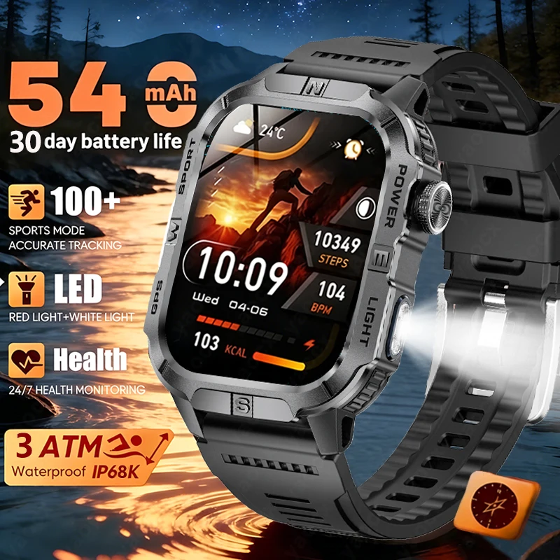 

Men 540mAh Ultra Durable Battery Smart Watch GPS Compass IP68 Waterproof BT Call 100+ Sport Mode Flashlight Sports Smartwatch
