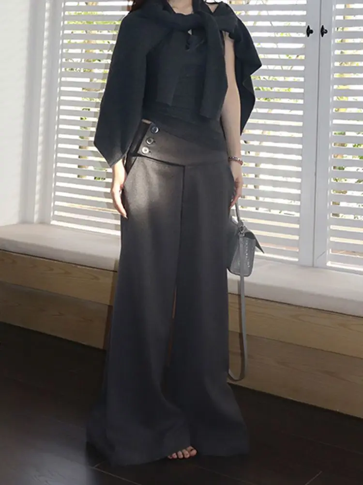Deeptown Black Wide Leg Women Pants Y2k Gray Low Waist Korean Fashion Straight Trousers Baggy Casual Classic Faux Woolen Winter