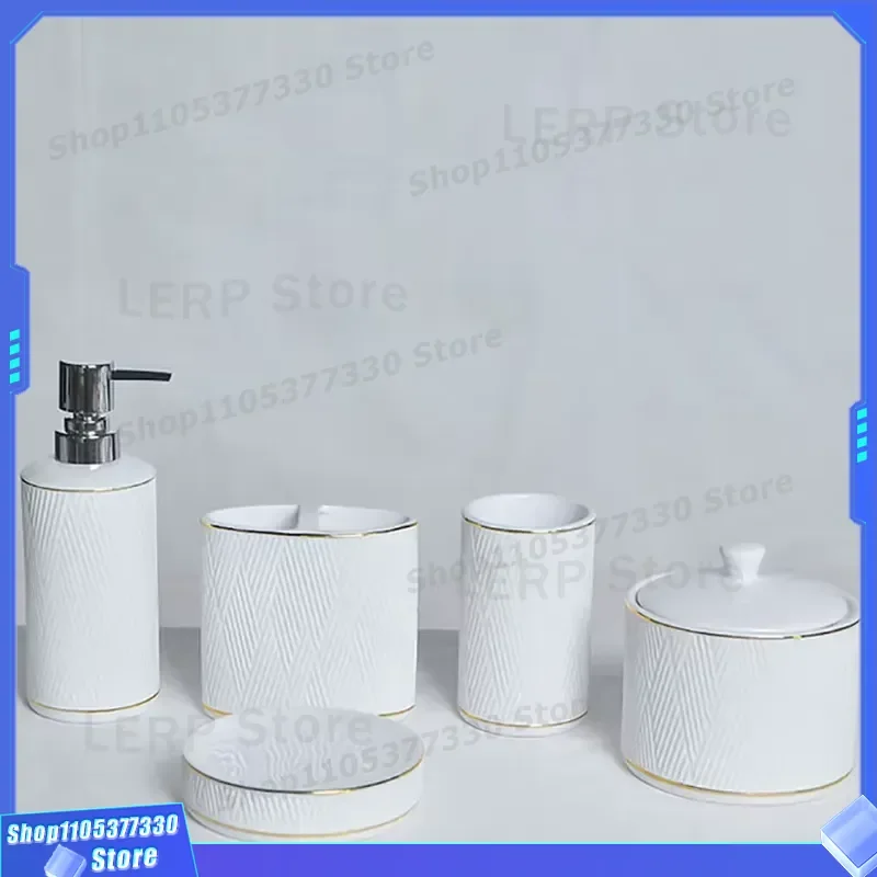 Luxury White Ceramic Bathroom Set with Gold Lines Modern Black Shower Accessories Kit 4 Piece Toilet Brush Holder Soap