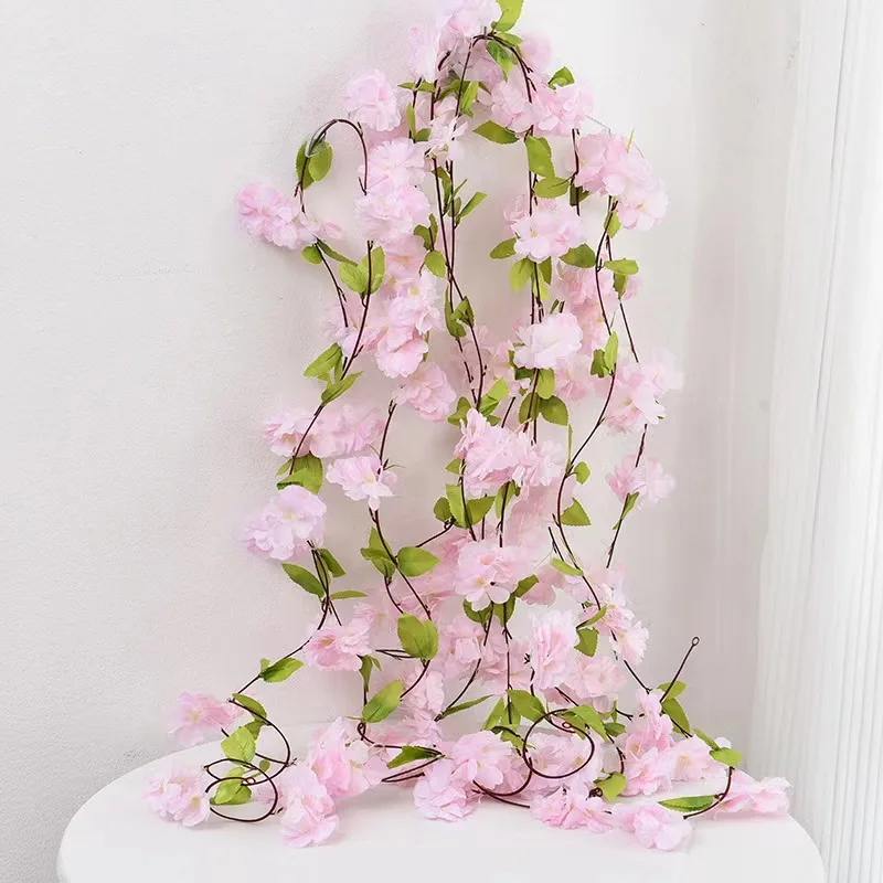 2.2m Artificial Flower String with Leaves Silk Cherry Blossom Rose Ivy Vines Living Room Garden Wedding Garland Arch Decoration