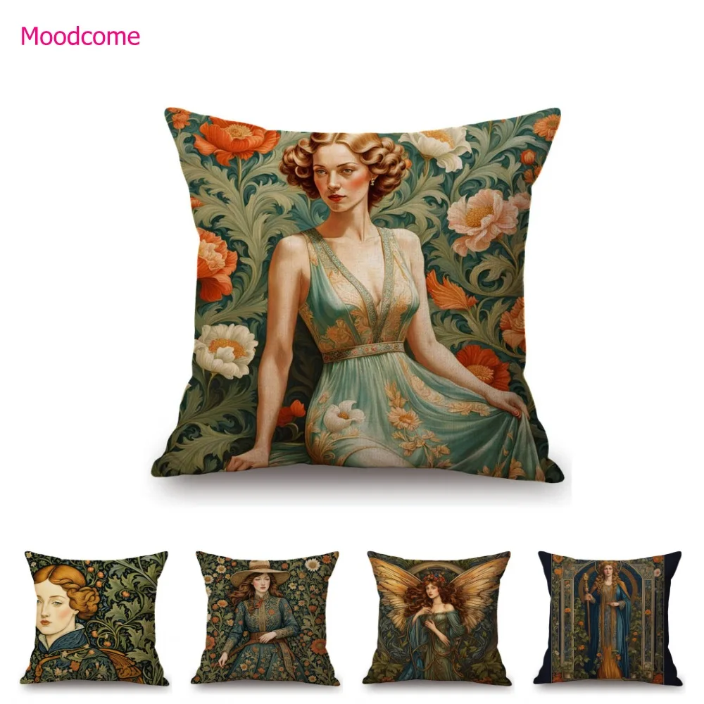 

Renaissance Retro William Morris Style Beautiful Lady Girl Flower Floral Classic Home Decoration Sofa Pillow Case Cushion Cover